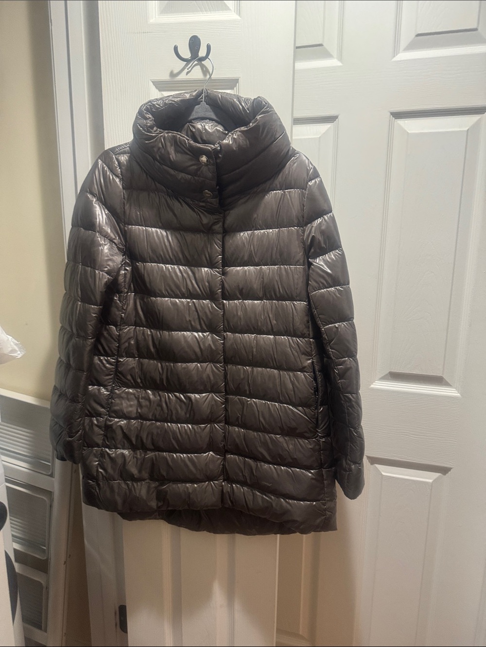 Herno “Amelia” Shiny Quilted Puffer Coat in Taupe/Brown/Grange
